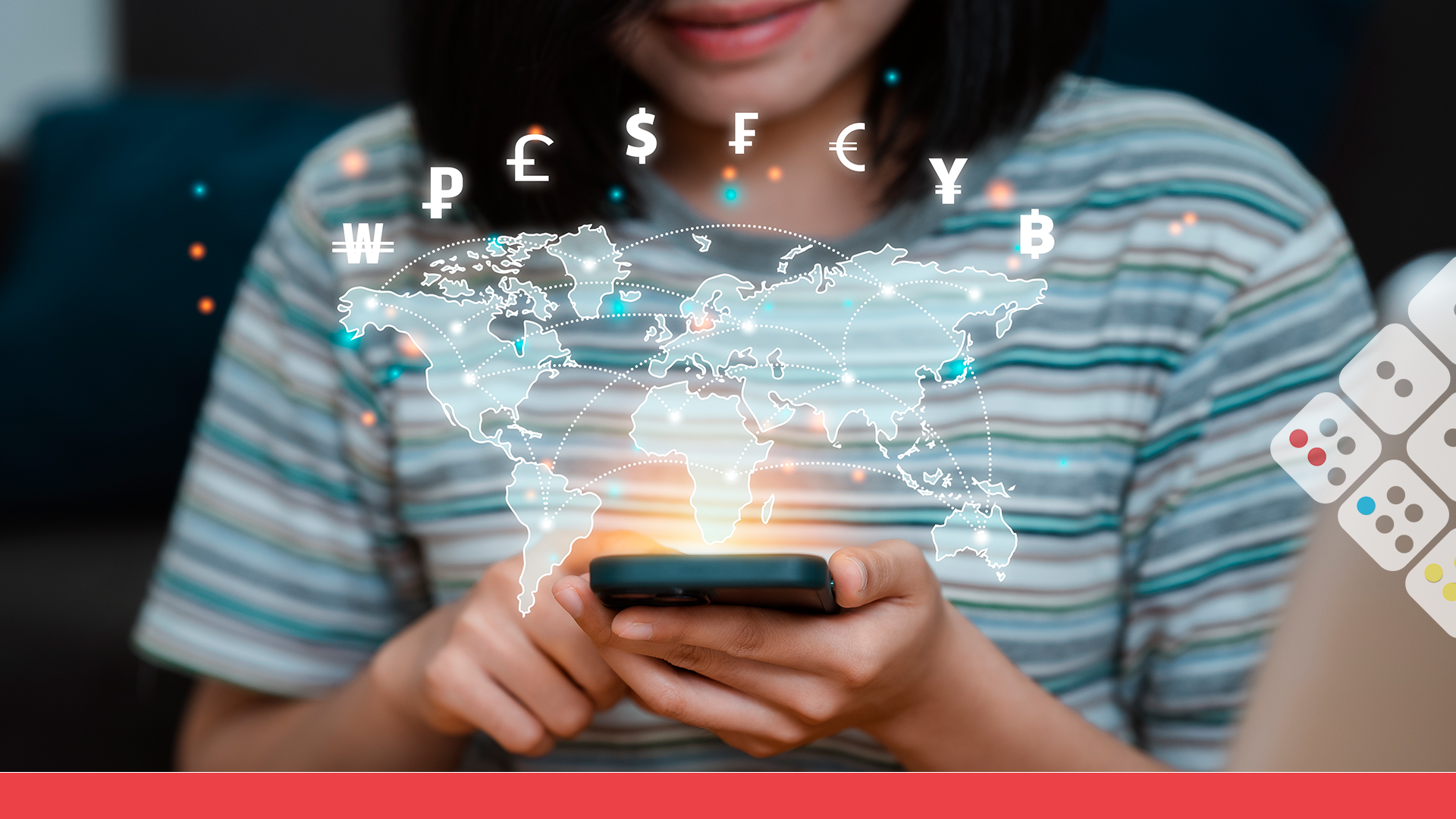 Mujer usa teléfono con visión global