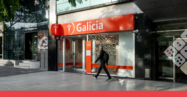 Frontis de sucursal física de Banco Galicia Argentina.